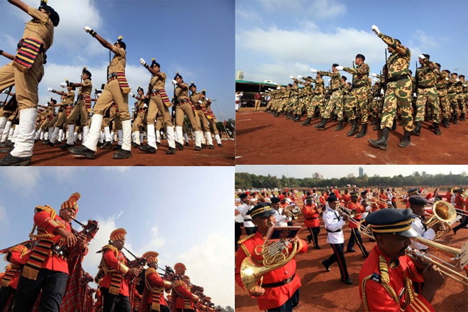 १ मे रोजी साजऱ्या होणाऱ्या महाराष्ट्र दिनाच्या पार्श्वभूमीवर मुंबईतील शिवाजी पार्क येथे सुरक्षा दलाचे जवान संचलनाचा जोरदार सराव करताना. ( छाया- गणेश शिर्सेकर)