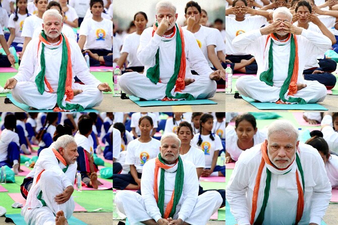 देशभरातही सर्वच राज्ये सकाळपासून योगमय झाली. योगाला आंतरराष्ट्रीय मान्यता मिळवून देण्यासाठी पाठपुरावा करणाऱ्या पंतप्रधान नरेंद्र मोदी यांनी शेकडो शाळकरी मुलांसमवेत आणि हजारो साधकांच्या साक्षीने राजपथावर योगसाधना केली. (छाया-पीटीआय)