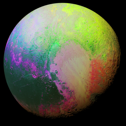 नासाच्या वैज्ञानिकांनी 'प्रिन्सिपल कम्पोनन्ट अॅनालिसिस' या तंत्राच्या सहाय्याने प्लुटो ग्रहाच्या पृष्ठभागावरील रंगामधील सूक्ष्म फरक दाखविणारे टिपलेले छायाचित्र. (छाया सौजन्य- नासा)