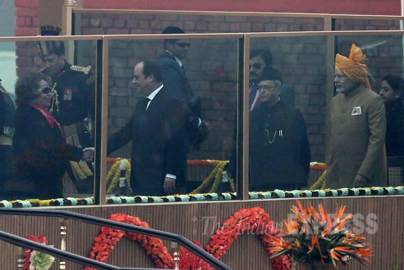 Prime Minister Narendra Modi, French President Francois Hollande and President Pranab Mukherjee at the Republic day function at Rajpath in New Delhi on Jan 26th 2016. Express photo by Ravi Kanojia.