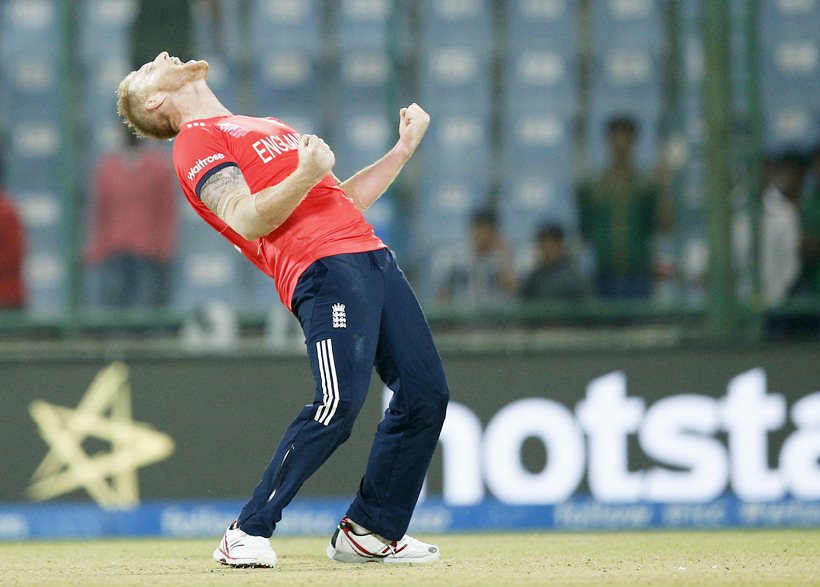 England's Ben Stokes celebrates after they defeated Sri Lanka by 10 runs during their ICC World Twenty20 2016 cricket match at the Feroz Shah Kotla cricket stadium in New Delhi, India, Saturday, March 26, 2016. (AP Photo /Tsering Topgyal)
