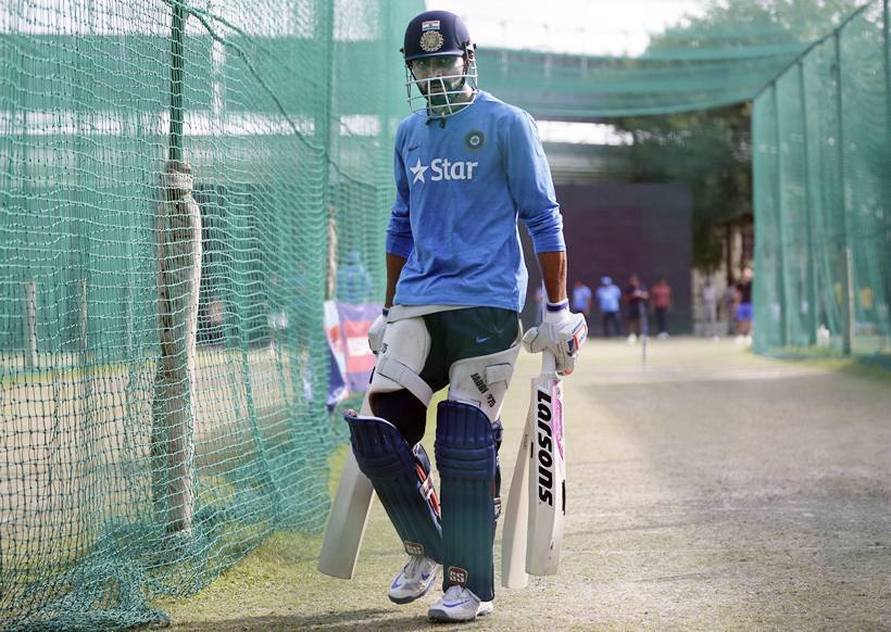 India's Ravindra Jadeja walks to bat in the nets during a practice session ahead of their ICC World Twenty20 2016 cricket match against Australia in Mohali, India, Saturday, March 26, 2016. (AP Photo/Altaf Qadri)