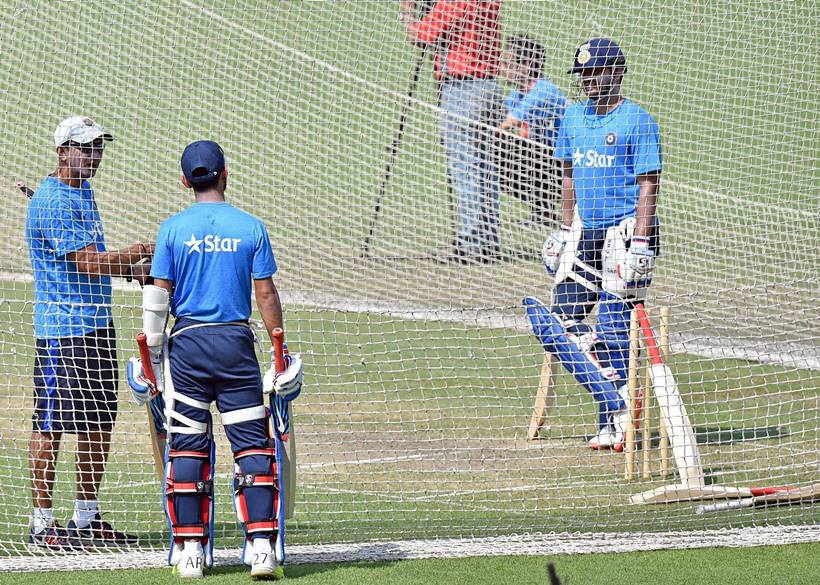 Kolkata: Indian batting coach Sanjay Bangar talking to Suresh Raina and Ajinkya Rahane during the team's practice session at the Eden Gardens in Kolkata on Thursday. PTI Photo by Swapan Mahapatra(PTI3_17_2016_000118B)