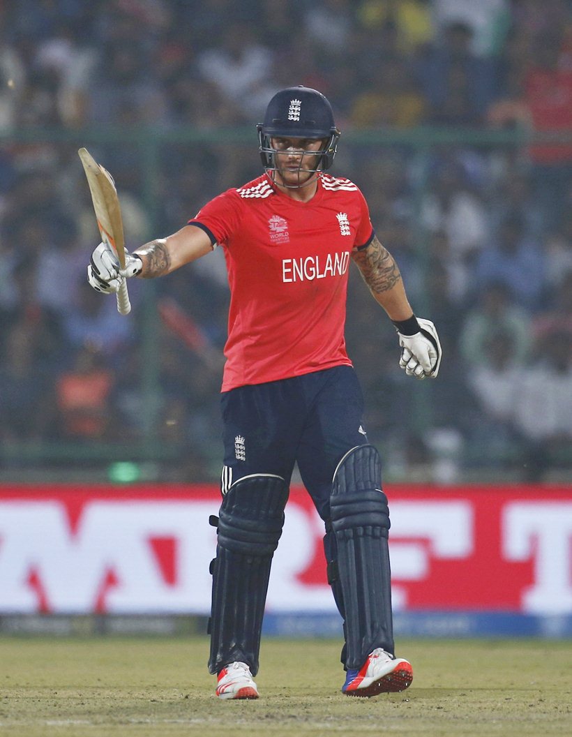 Cricket - England v New Zealand - World Twenty20 cricket tournament semi-final - New Delhi, India - 30/03/2016. England's Jason Roy celebrates scoring his half century. REUTERS/Adnan Abidi
