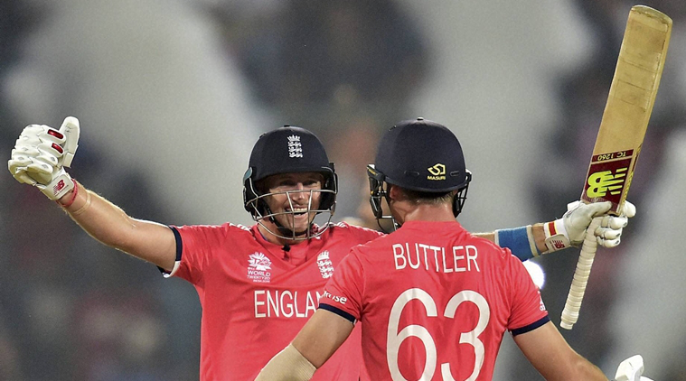 New Delhi: England's Joe Root and JC Buttler celebrate after victory over New Zealand during the ICC T20 world cup Semi Final match at Feroz Shah Kotla Stadium in New Delhi on Wednesday. PTI Photo by Kamal Kishore (PTI3_30_2016_000376B)