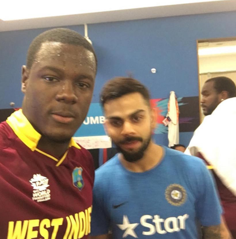 Carlos Brathwaite was overwhelmed by Virat Kohli's gesture. Here's what he wrote,"Massive respect to Virat for coming across to our dressing room and even more so for taking a selfie, absolute legend. #wellplayed #rickygoestotheworldcup".