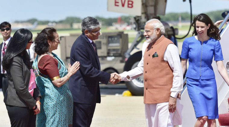 Washington: Prime Minister Narendra Modi being welcomed by Indian high commissioner to USA, Arun Singh on his arrival at Joint Base Andrews (JBA) in Washington D.C., USA on Monday. PTI Photo