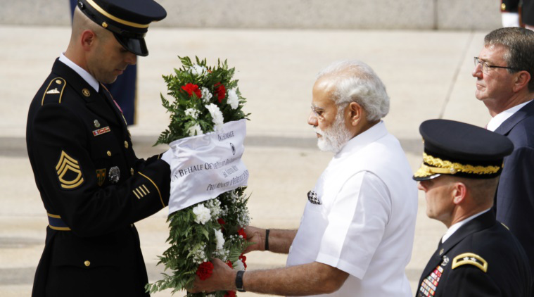 India Prime Minister Narendra Modi visits Arlington National Cemetery to lay a wreath at the Tomb of the Unknown Soldier Monday, June 6, 2016, in Arlington, Va. (AP Photo)