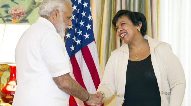 Attorney General Lorreta Lynch, right, and Indian Prime Minister Narendra Modi shake hands during a ceremony marking the repatriation of over 200 artifacts to the Indian government, at Blair House in Washington, Monday, June 6, 2016. The majority of the pieces repatriated were seized during Operation Hidden Idol, which began in 2007 after Homeland Security Investigators received a tip about a shipment of seven crates destined for the U.S. (AP Photo)