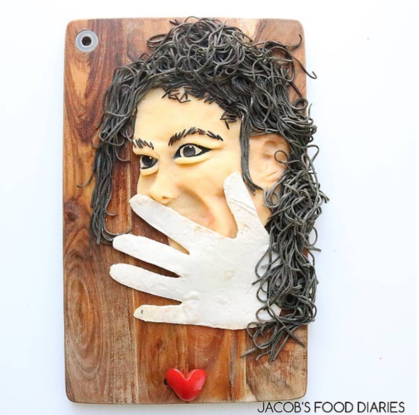 MICHAEL JACKSON: Most probably, wholewheat wrap, coloured spaghetti and ham. We say probably because Mohmedi has kept us guessing without telling us what went into making this fabulous likeness of the King of Pop. (Source: Jacobu0027s Food Diaries/Instagram)
