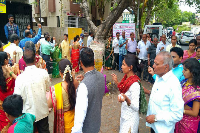 नवी सांगवी येथे पुरुषांनी महिलांसोबत वट वृक्षाची पूजा केली.