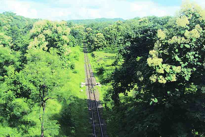 मेळघाट व्याघ्र प्रकल्पातील सध्याचा मीटरगेज रेल्वे मार्ग. सोबत पर्यायी रेल्वे मार्गाचा नकाशा.