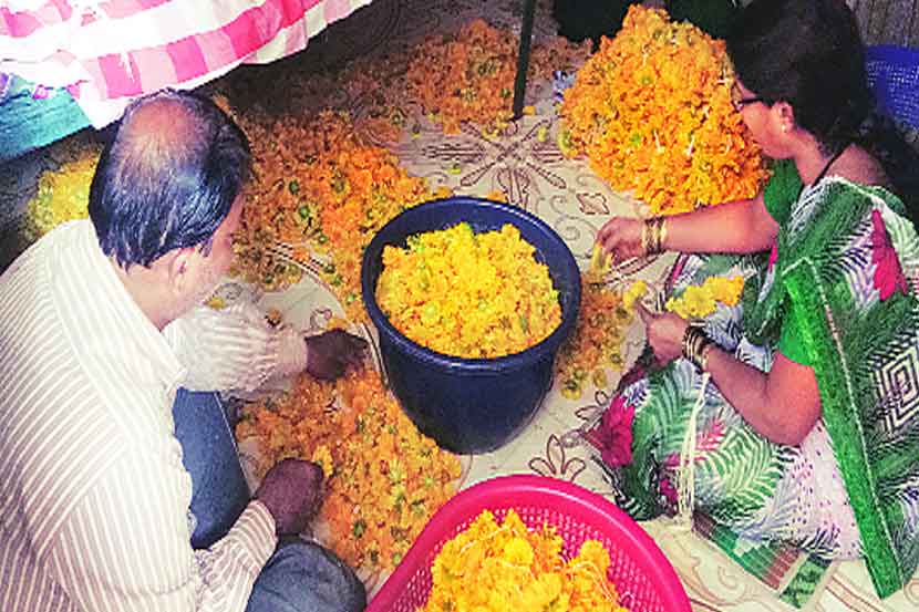 गलांडा फुलांचे हार करीत असताना मिरजेतील कोरे कुटुंबीय.