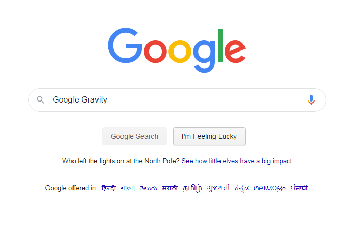 ५) गुगल ग्रॅव्हिटी गुगलच्या होमपेजवर गेल्यावर सर्च बॉक्समध्ये 'Google Gravity' टाईप करून एन्टर न करता खाली दिलेल्या 'i am feeling lucky' वर क्लिक केल्यावर तुम्हाला तुमच्या स्क्रीनचा भाग तुकडे होऊन खाली पडताना दिसतो.