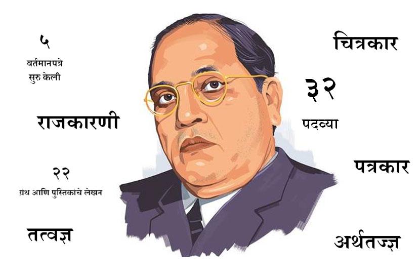 ८. बाबासाहेबांच्या व्यक्तिमत्वाचे विविध पैलू : चित्रकार : बी. आर. मडिलगेकर यांच्याकडून त्यांनी चित्रकलेचे प्रशिक्षण घेतले होते. बाबासाहेबांना व्हायोलिन वाजवण्याचीही आवड होती. पत्रकार : ‘ज्यांचा आवाज दाबण्याचा प्रयत्न केला जातो त्यासाठी वर्तमानपत्र त्यांचा आवाज होऊ शकते असे सांगणाऱ्या’ बाबासाहेबांचे नाव तत्कालीन ब्राह्मणेतर पत्रकारितेत अग्रस्थानी घेतले जाते. राजकारणी : बाबासाहेब भारताच्या राज्यघटनेच्या मसुदा समितीचे अध्यक्ष होते. तसेच ते स्वतंत्र भारताचे पहिले मजूर मंत्रीही होते. अर्थतज्ज्ञ : ‘द प्रॉब्लेम ऑफ रुपी’ या त्यांच्या ग्रंथातून प्रेरणा घेऊन १९३५ साली भारतीय रिझर्व्ह बँकेची स्थापना करण्यात आली. तत्वज्ञ : स्वातंत्र, समता आणि बंधुता या तत्वांवर विश्वास ठाम विश्वास असणाऱ्या बाबासाहेबांनी हीच तत्वे राज्यघटनेत समाविष्ट केली.