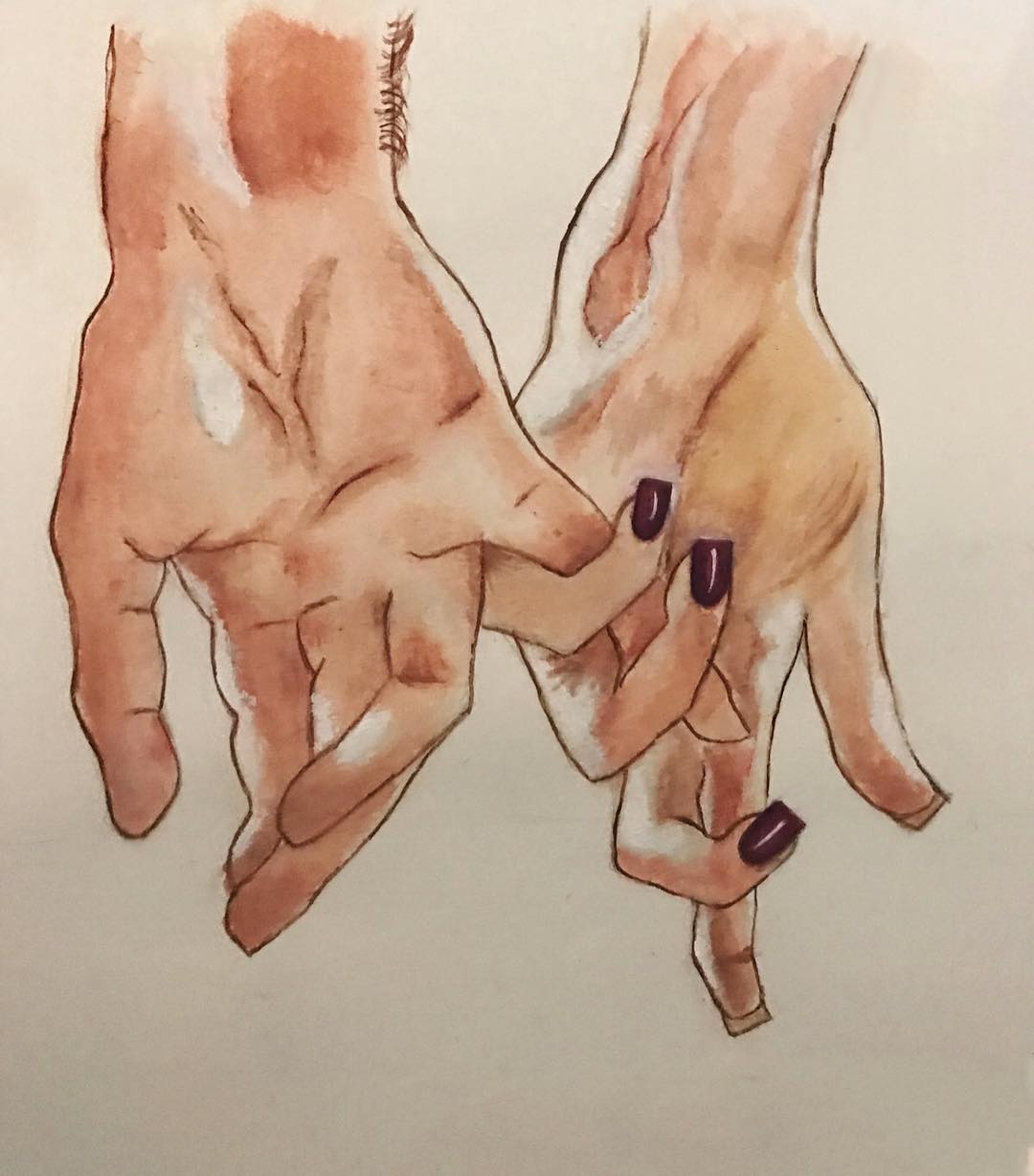 वॉटर कलर्सने साकारलेले हातांचे चित्र.