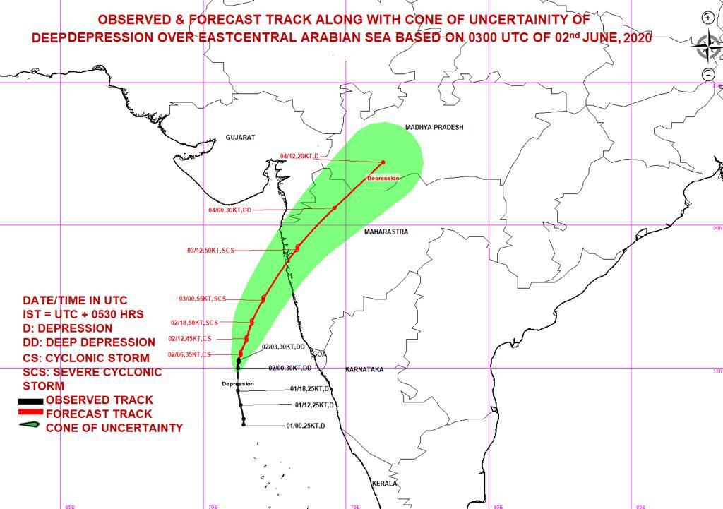 महाराष्ट्र आणि गुजरातचा किनारट्टीला निसर्ग चक्रीवादळ धडकणार आहे. या चक्रीवादळामुळे मुंबई, ठाणे, पालघर आणि रायगडमध्ये उद्या (३ जून २०२०) काही ठिकाणी मुसळधार ते अतिमुसळधार पाऊस कोसळण्याची शक्यता हवामान खात्याने वर्तवली आहे. (फोटो :भारतीय हवामान विभाग)
