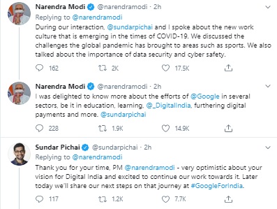 मोदींच्या या ट्विटला सुंदर यांनी रिप्लाय देत तुमच्याबरोबर खूप छान चर्चा झाली असं म्हटलं. "तुमचं डिजीटल इंडियाचं ध्येय खूपच आशावादी आहे. त्यासंदर्भात आम्ही काम करत राहू. गुगलचे भारताबद्दलचे धोरण काय असेल यासंदर्भात लवकरच घोषणा करु," असं सुंदर यांनी ट्विटमध्ये म्हटलं होतं. त्यानंतरच काही तासांनी ७५ हजार कोटींच्या गुंतवणुकीची घोषणा ब्लॉगच्या माध्यमातून करण्यात आली. 