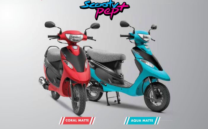 नवीन TVS Scooty Pep+ निरनिराळ्या रंगांमध्ये बाजारात उपलब्ध आहे. यामध्ये अॅक्वा मॅट, रेव्हिंग रेड, कोरल मॅट, फ्रोस्टेड ब्लॅक, ग्लिटरी गोल्ड, प्रिन्सेस पिंग आणि नॅरो ब्लू असे सात रंगांचे पर्याय आहेत.