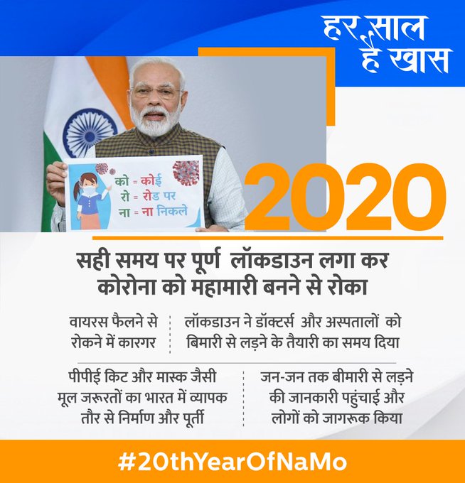 सन २०२० > योग्यवेळी लॉकडाउन करुन करोना संसर्ग रोखण्यात यश मिळवलं. (फोटो: twitter/BJP4India वरुन साभार)