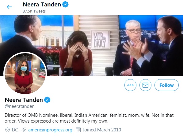टंडन यांनी ट्विटर प्रोफाइलवर आपली ओळख, "सेंटर फॉर अमेरिकन प्रोग्रेसच्या अध्यक्षा, लिब्रल, इंडियन-अमेरिकन, फेमिनिस्ट, आई, बायको" अशी करुन दिली आहे.