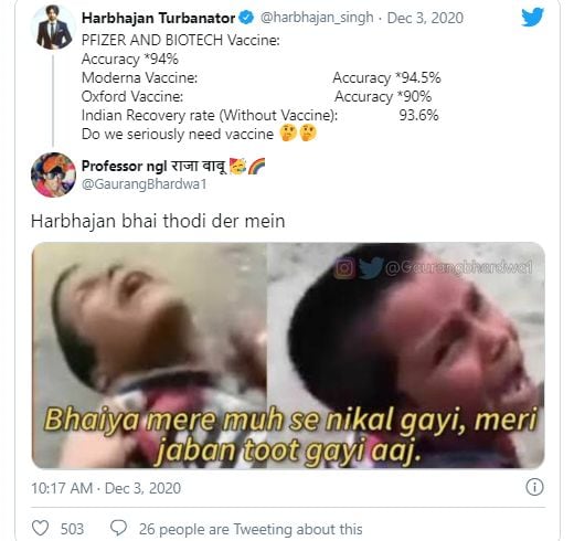 करोना लशीसंदर्भात भज्जीचं ट्विट; मिम्सच्या माध्यमातून नेटकऱ्यांनी व्यक्त केला संताप