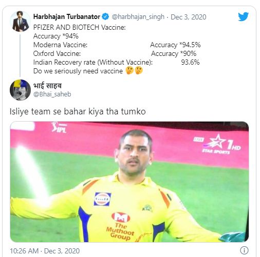 करोना लशीसंदर्भात भज्जीचं ट्विट; मिम्सच्या माध्यमातून नेटकऱ्यांनी व्यक्त केला संताप