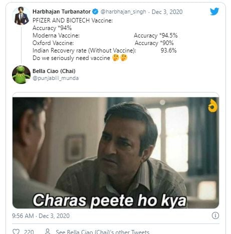 करोना लशीसंदर्भात भज्जीचं ट्विट; मिम्सच्या माध्यमातून नेटकऱ्यांनी व्यक्त केला संताप