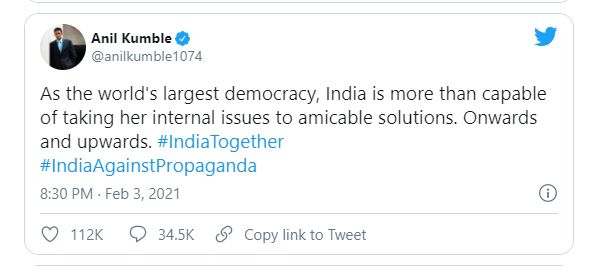 अनिल कुंबळे : जगातील सर्वात मोठी लोकशाही म्हणून, भारत आपले अंतर्गत प्रश्न शांतपणे सोडवण्यास सक्षम आहे.