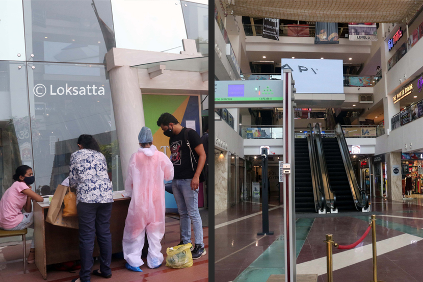करोनाचे रुग्ण वाढत असल्याच्या पार्श्वभूमीवर महापालिके ने मुंबईतील मॉलमध्ये येणाऱ्यांच्या चाचण्या बंधनकारक केल्या असून या निर्णयाची अंमलबजावणी सुरू झाली आहे. (सर्व फोटो : गणेश शिर्सेकर, इंडियन एक्सप्रेस)