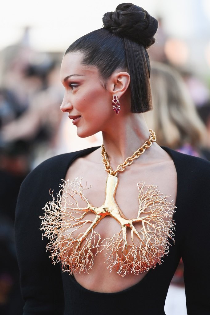 Bella Hadid Gold Lung Necklace At Cannes