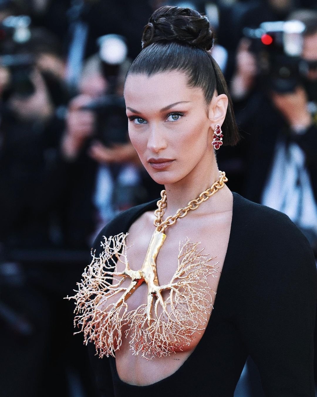 Bella Hadid Gold Lung Necklace At Cannes