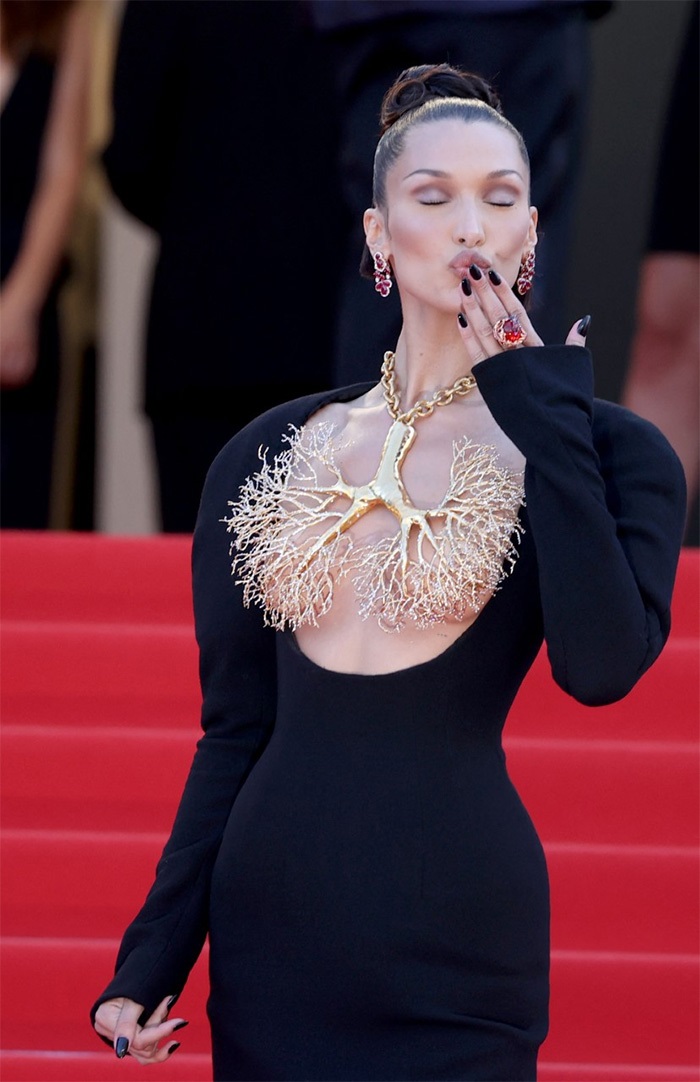 Bella Hadid Gold Lung Necklace At Cannes