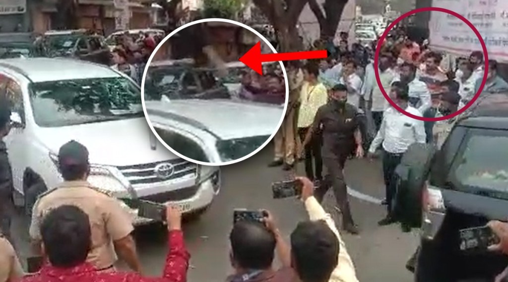 Video Slippers thrown at bjp Devendra Fadnavis car in Pimpri Chinchwad