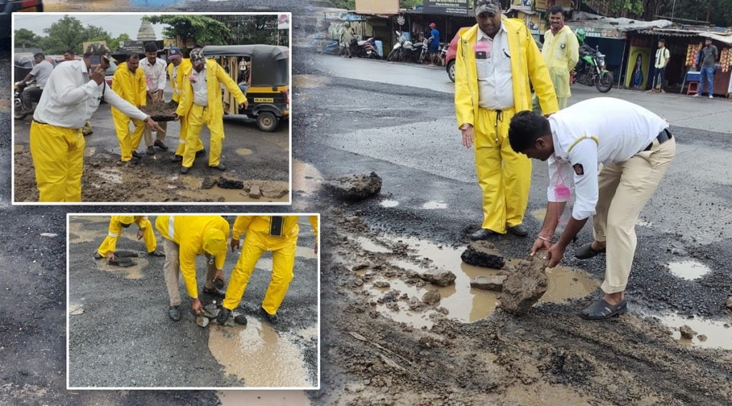 traffic police filling potholes at Kalyan - Shil Phata road