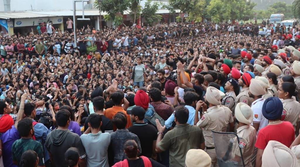 Students protest at Chandigarh University in Mohali on Sunday. (Express Photo: Jasbir Malhi)