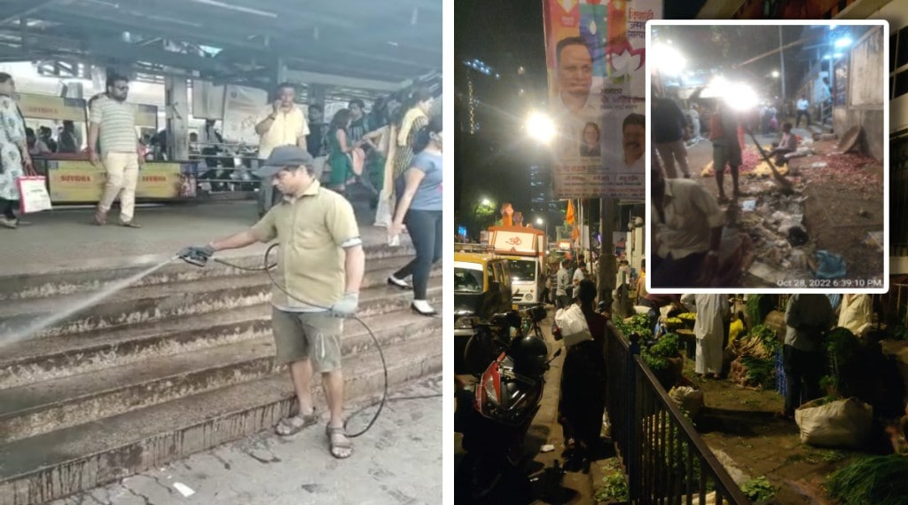 Brush cleaning of roads in Dadar station area