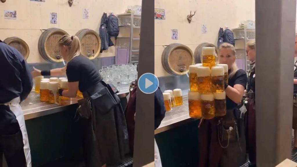 Waitress-Picks-Up-Over-12-Beer-Mugs