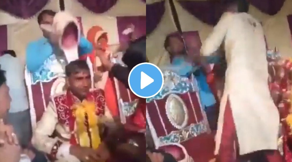 Groom started fight with person irritating him on stage viral wedding video