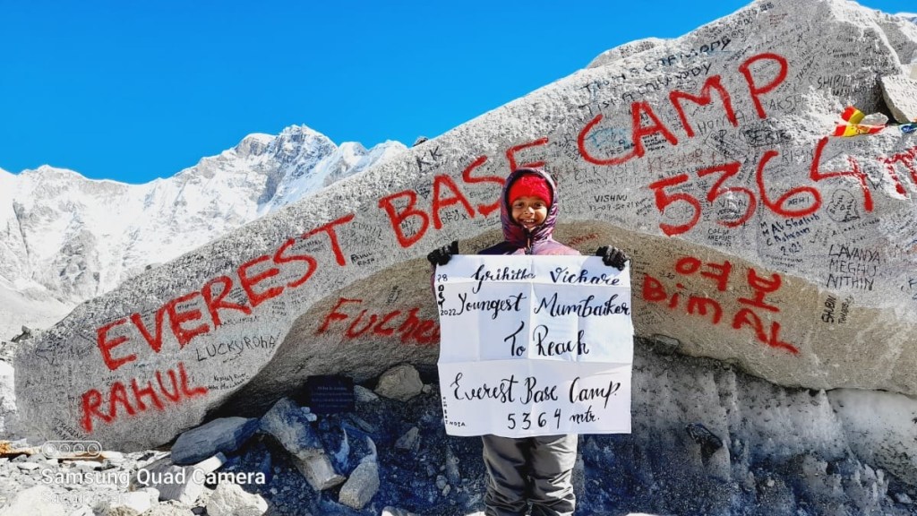 eight year old girl from thane successfully completed the trek to everest base camp at a height of 5364 meters