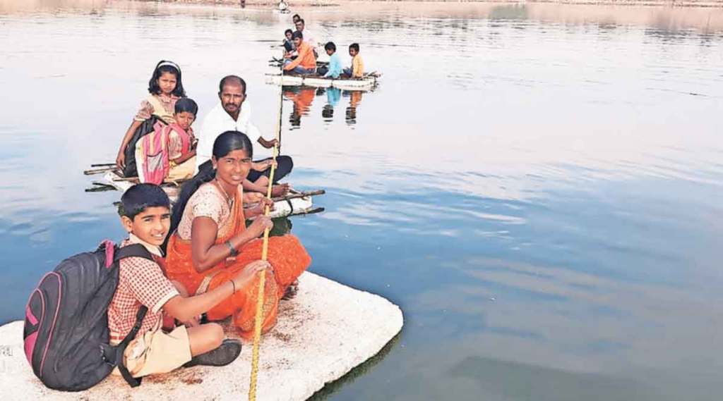 students cross river on thermocol sheet