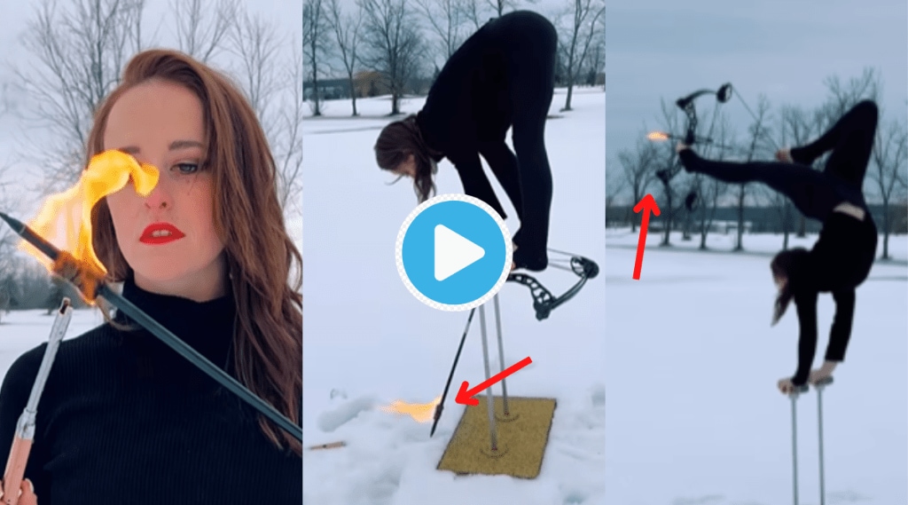 Viral Video Girl shoots Fire flaming arrow while doing a handstand on a stick Shocking Clip Trending