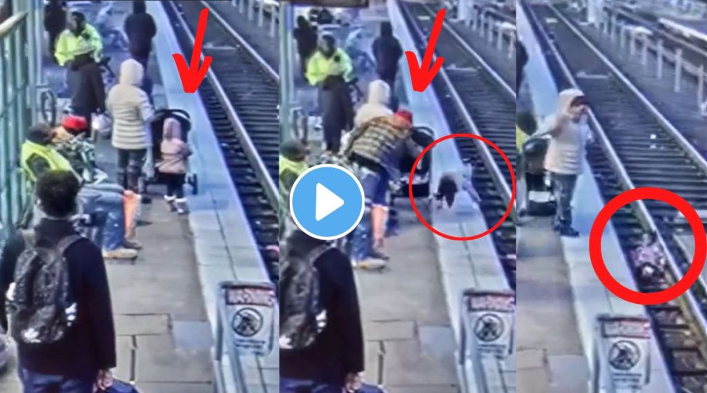 woman pushes kid on railway track viral video