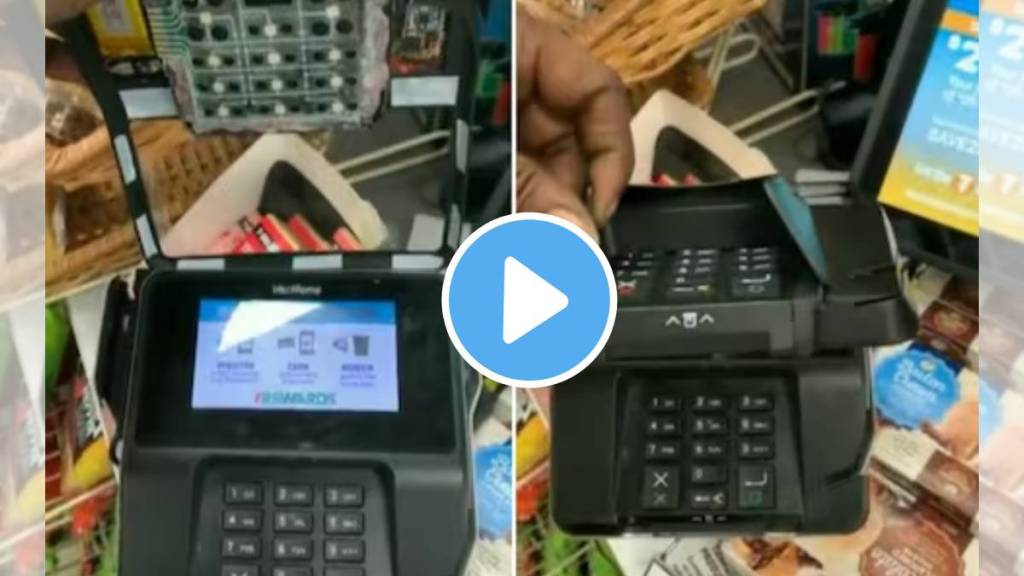 card skimming theft scamming card shimmmer on pos machine in shop viral video