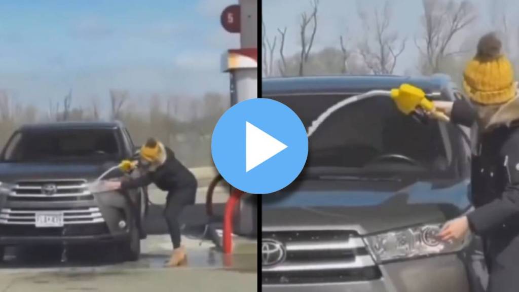 Woman Washing Car With Petrol