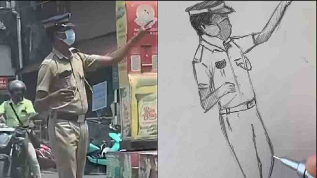 /man-draws-traffic-policeman-portrait-while-he-was-stuck-in-jam-kerala-police-shares-sweet-video