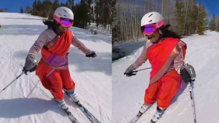 woman skiing in saree