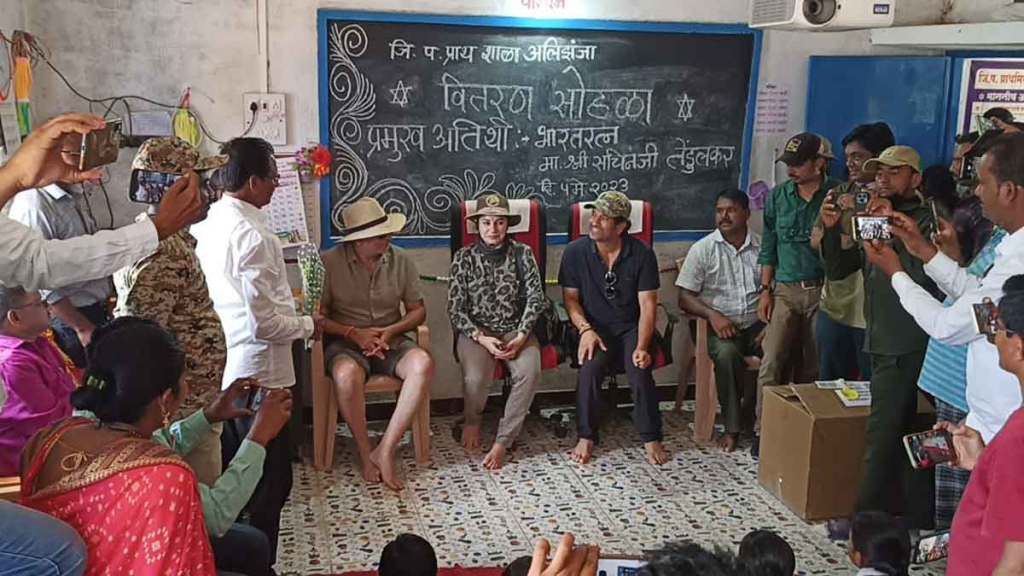 tendulkar couple gift uniforms school bags and books to school students in tadoba