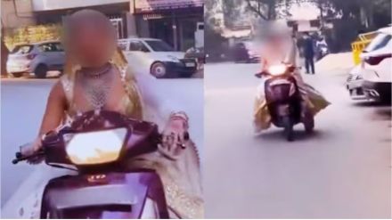 bride ride a scooty without helmet delhi police shared video with challan