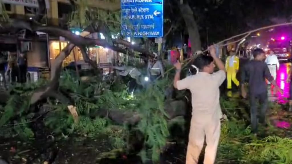 heavy traffic jam road falling tree LBS road Bhandup gusty wind mumbai